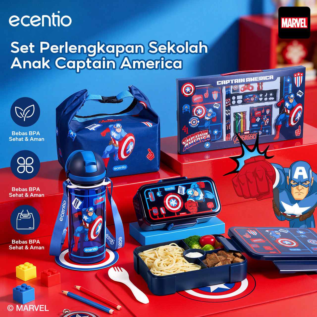 [Back To School] ecentio Captain America Lunch Box Anak Set Botol Minum Kotak Makan Anak Anti Bocor Anti Tumpah Tempat Bekal Anak Sekolah BPA Free Tas Bekal Kotak Bekal Sekolah Perlengkapan Sekolah [PO 11 June]