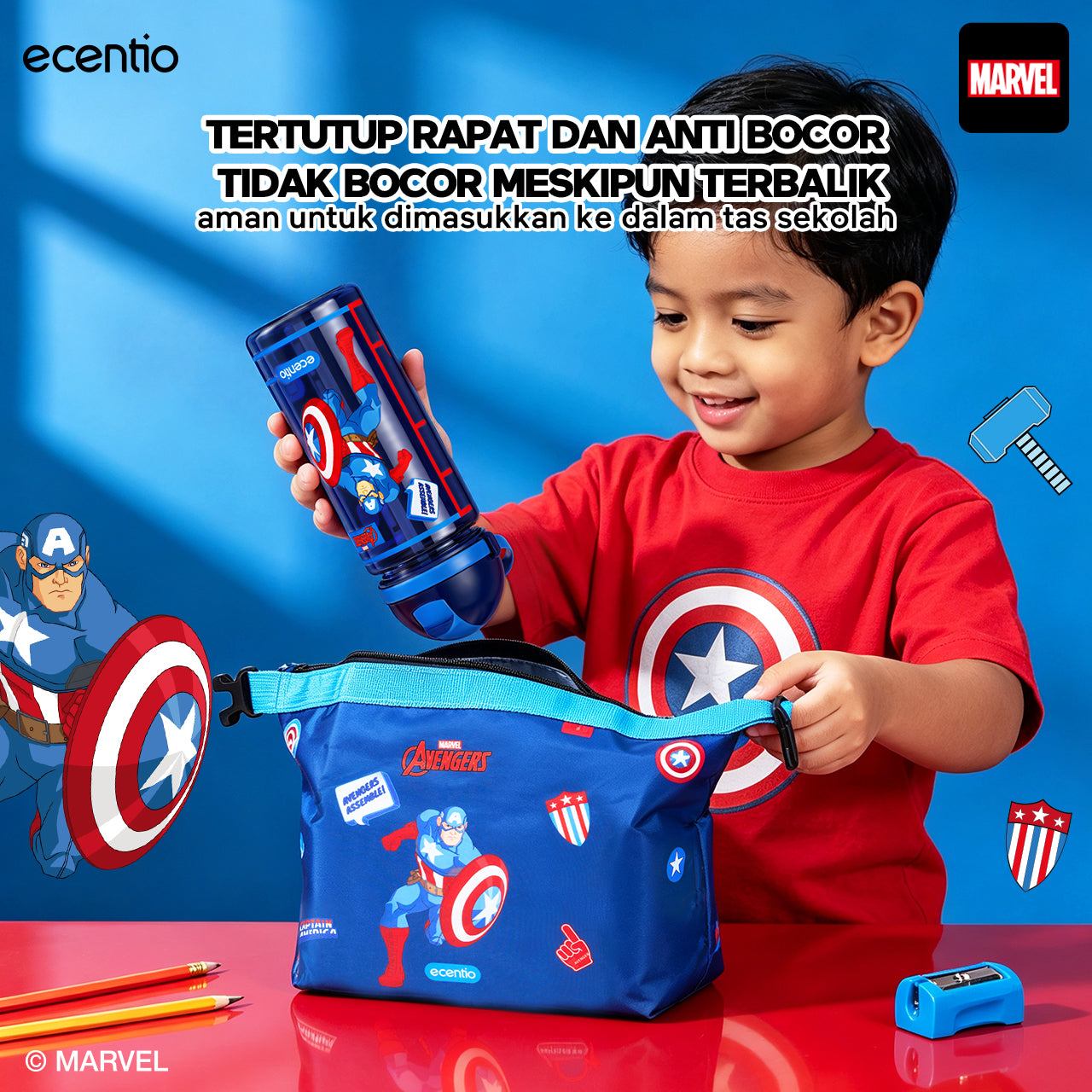 [Back To School] ecentio Captain America Lunch Box Anak Set Botol Minum Kotak Makan Anak Anti Bocor Anti Tumpah Tempat Bekal Anak Sekolah BPA Free Tas Bekal Kotak Bekal Sekolah Perlengkapan Sekolah [PO 11 June]