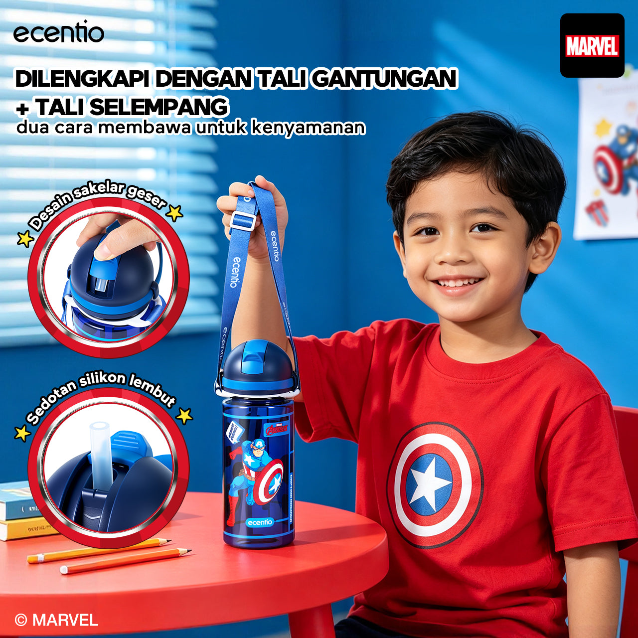 [Back To School] ecentio Captain America Lunch Box Anak Set Botol Minum Kotak Makan Anak Anti Bocor Anti Tumpah Tempat Bekal Anak Sekolah BPA Free Tas Bekal Kotak Bekal Sekolah Perlengkapan Sekolah [PO 11 June]