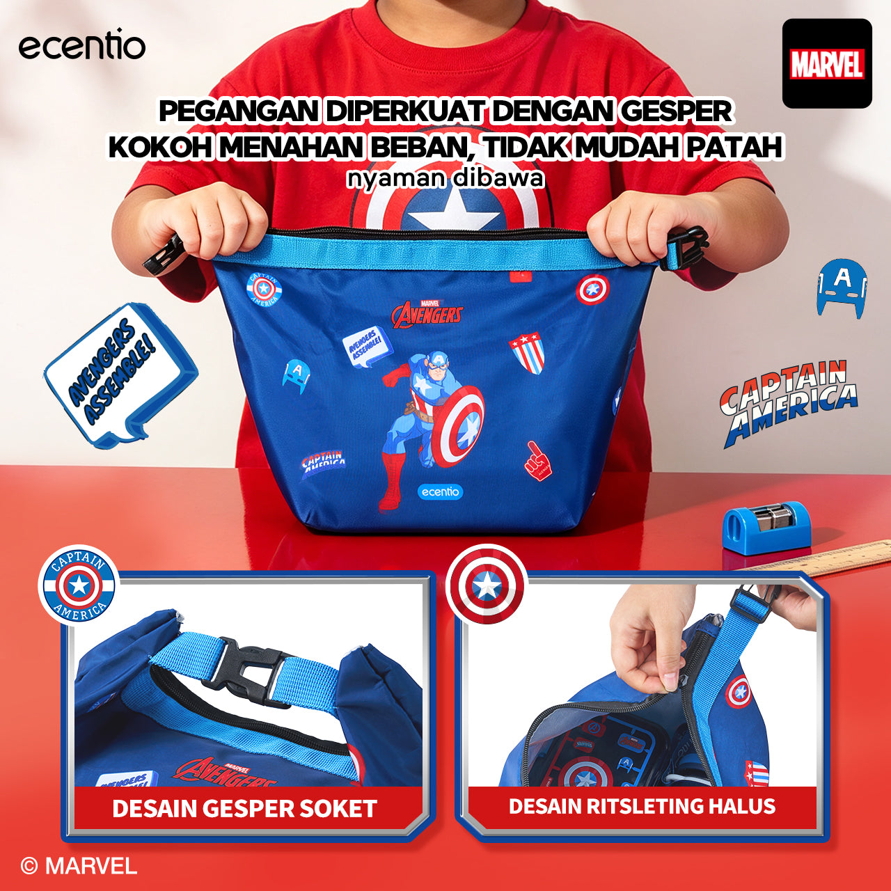 [Back To School] ecentio Captain America Lunch Box Anak Set Botol Minum Kotak Makan Anak Anti Bocor Anti Tumpah Tempat Bekal Anak Sekolah BPA Free Tas Bekal Kotak Bekal Sekolah Perlengkapan Sekolah [PO 11 June]