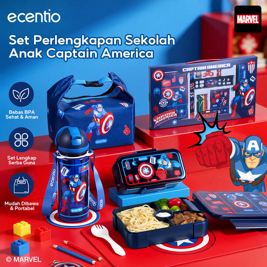 【PO 11 June】 ecentio Captain America Lunch Box Anak Set Botol Minum Kotak Makan Anak Anti Bocor Anti Tumpah Tempat Bekal Anak Sekolah BPA Free Tas Bekal Kotak Bekal Sekolah Perlengkapan Sekolah