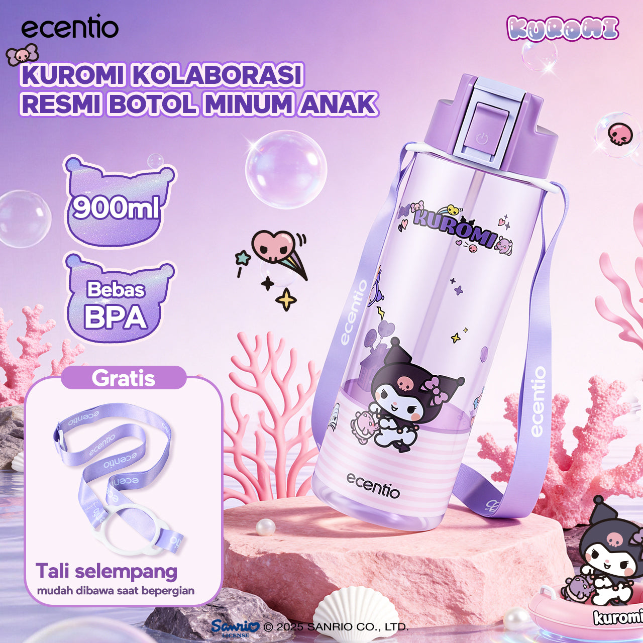 ecentio Official Kuromi Back to School Set Set Bekal Sekolah Kuromi Resmi — Lunch Box + Botol Minum + Tas Bekal