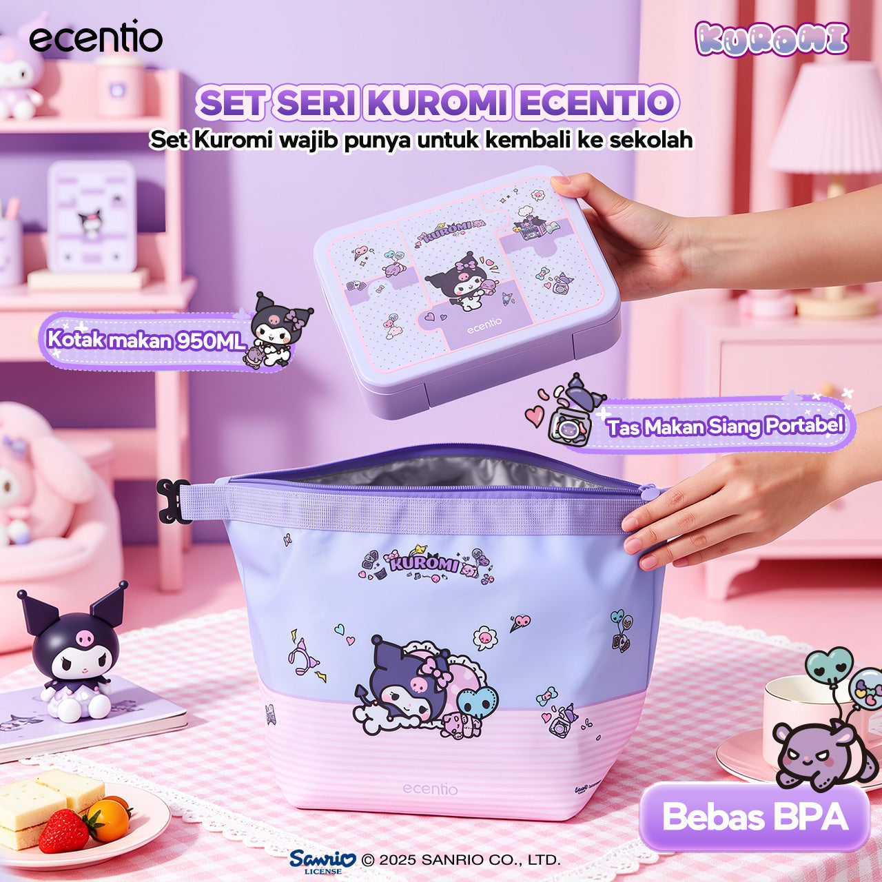 ecentio Official Kuromi Back to School Set Set Bekal Sekolah Kuromi Resmi — Lunch Box + Botol Minum + Tas Bekal