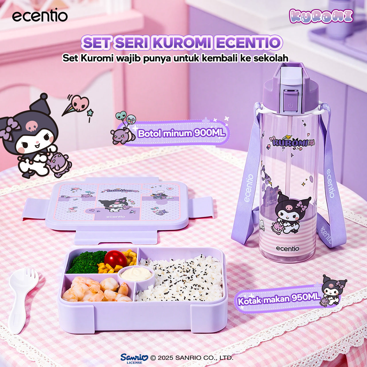 ecentio Official Kuromi Back to School Set Set Bekal Sekolah Kuromi Resmi — Lunch Box + Botol Minum + Tas Bekal