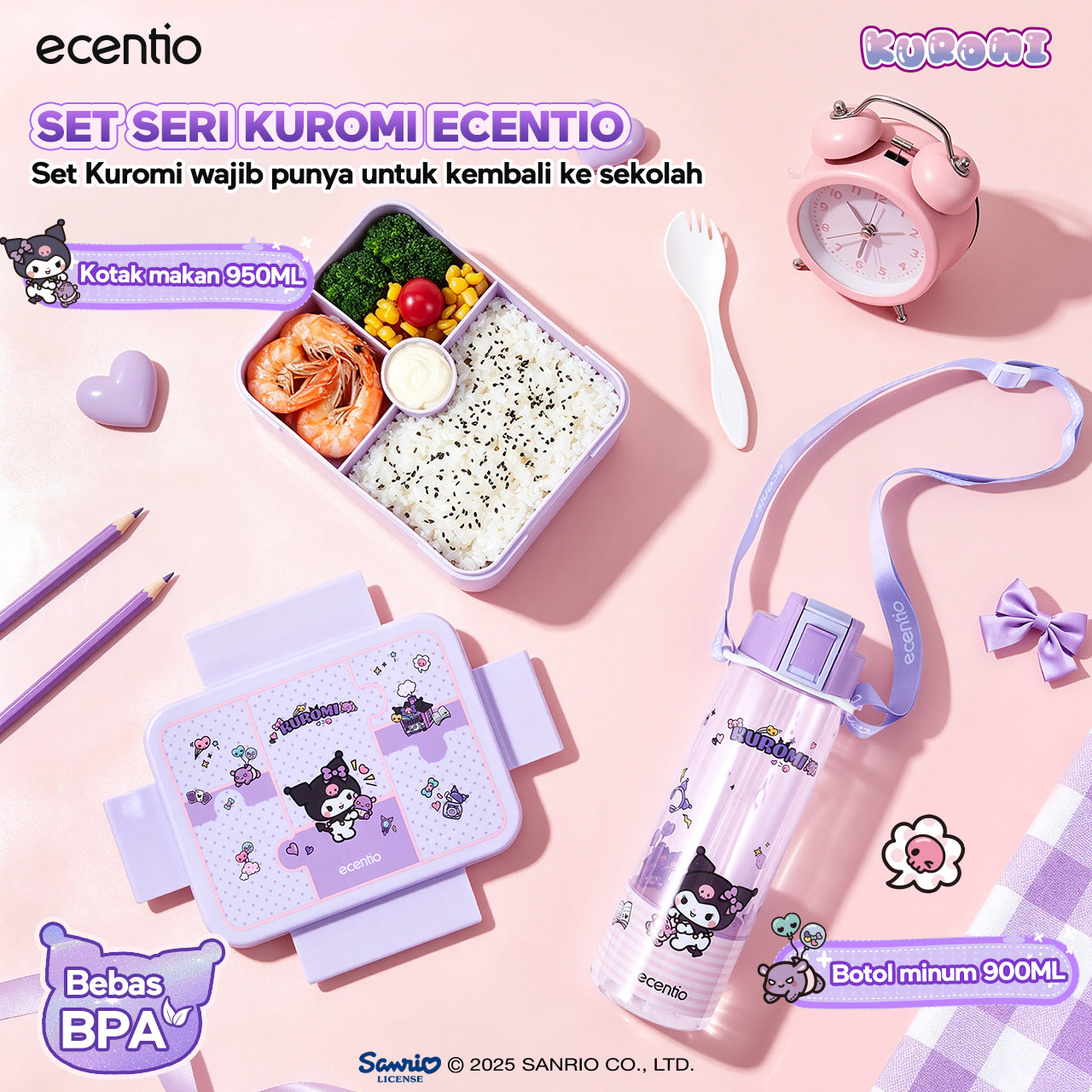 ecentio Official Kuromi Back to School Set Set Bekal Sekolah Kuromi Resmi — Lunch Box + Botol Minum + Tas Bekal