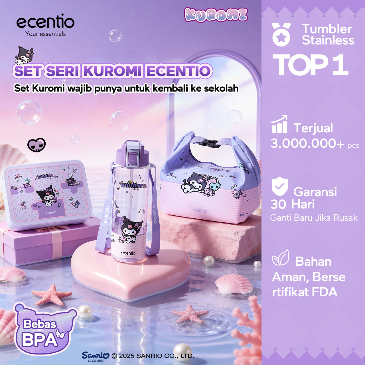 ecentio Official Kuromi Back to School Set Set Bekal Sekolah Kuromi Resmi — Lunch Box + Botol Minum + Tas Bekal