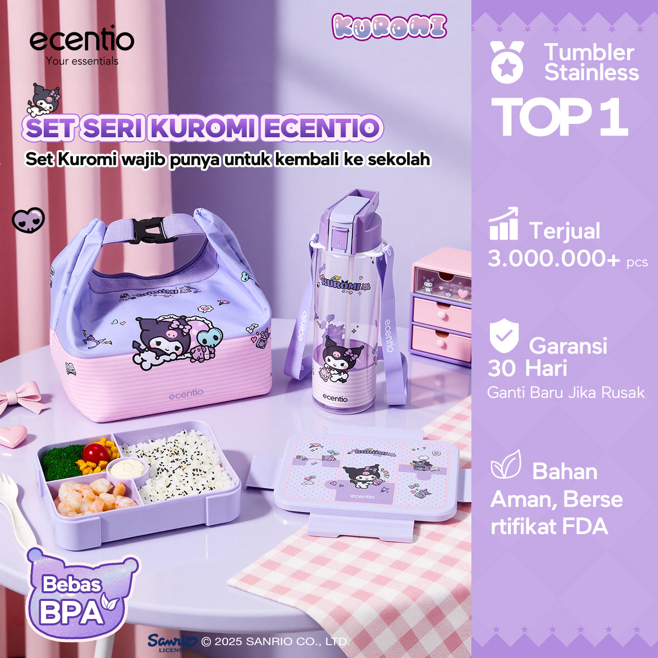 ecentio Official Kuromi Back to School Set Set Bekal Sekolah Kuromi Resmi — Lunch Box + Botol Minum + Tas Bekal