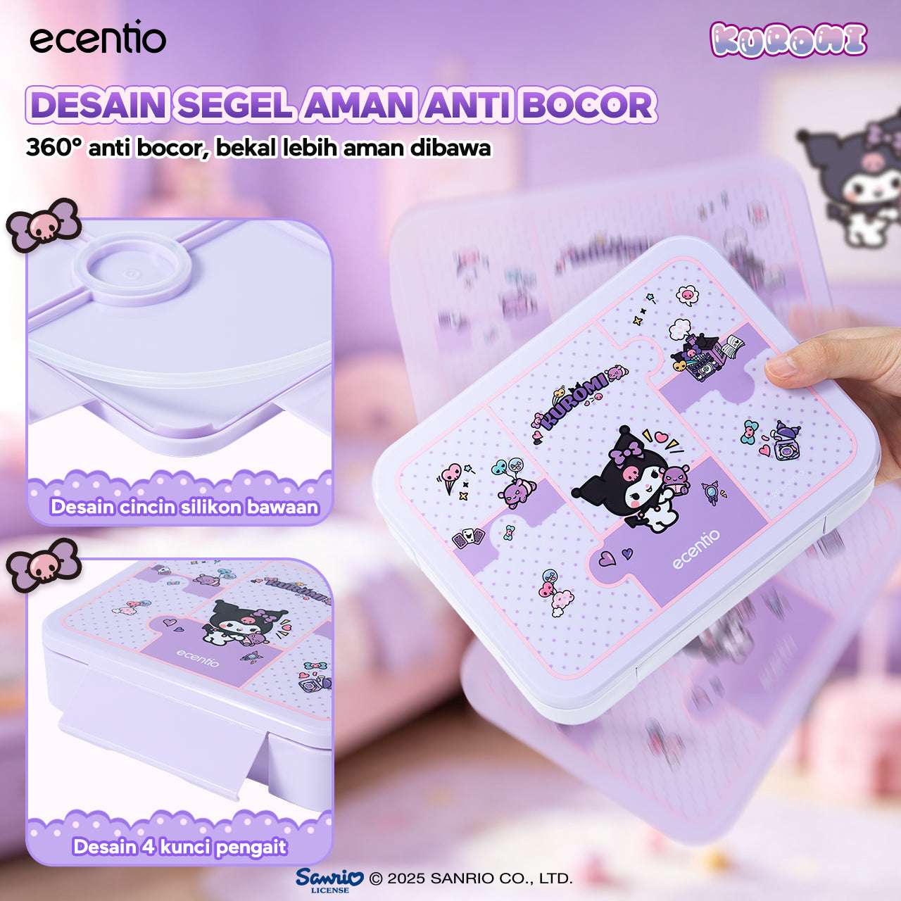 ecentio Official Kuromi Back to School Set Set Bekal Sekolah Kuromi Resmi — Lunch Box + Botol Minum + Tas Bekal