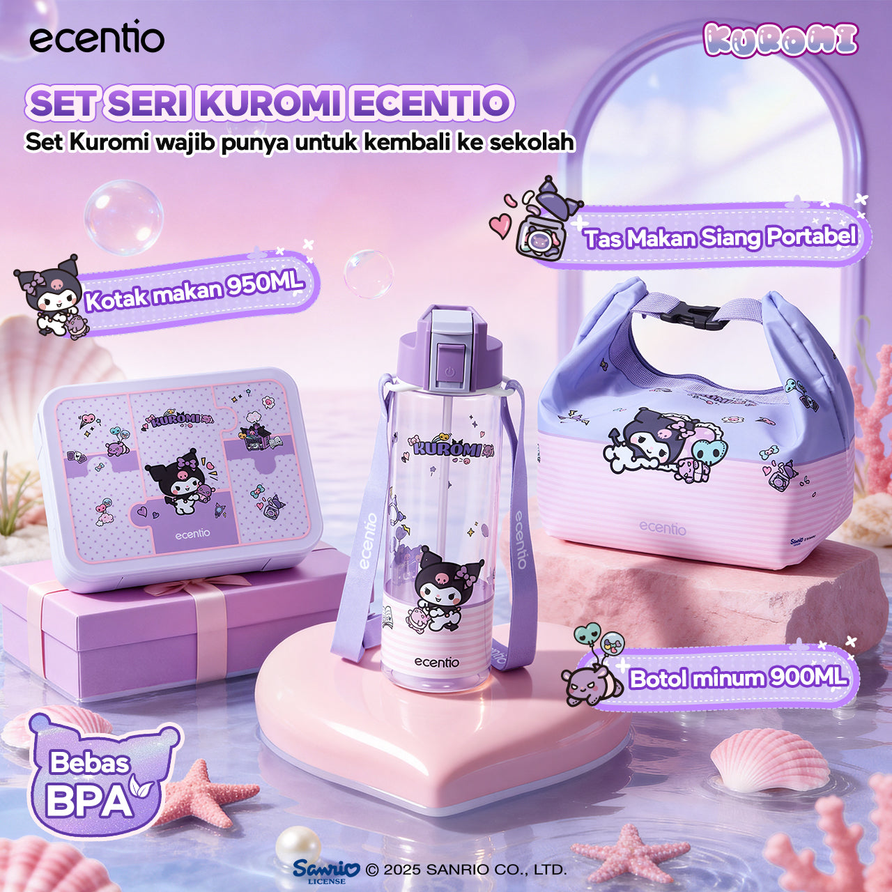 ecentio Official Kuromi Back to School Set Set Bekal Sekolah Kuromi Resmi — Lunch Box + Botol Minum + Tas Bekal