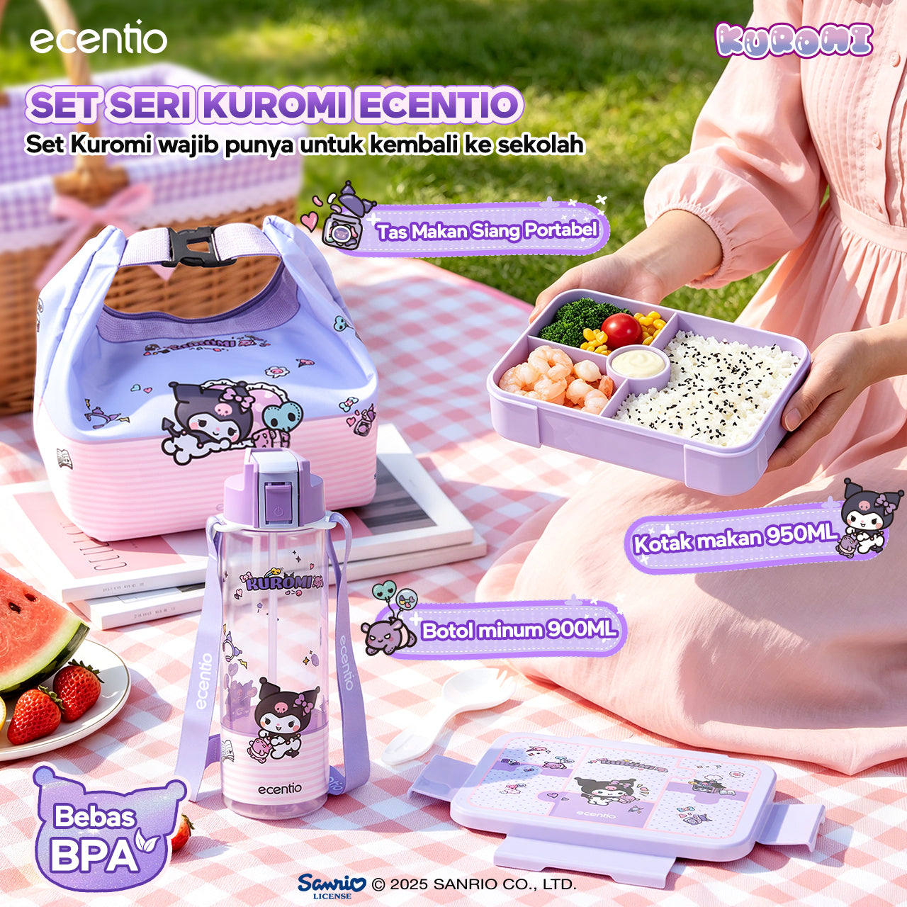 ecentio Official Kuromi Back to School Set Set Bekal Sekolah Kuromi Resmi — Lunch Box + Botol Minum + Tas Bekal