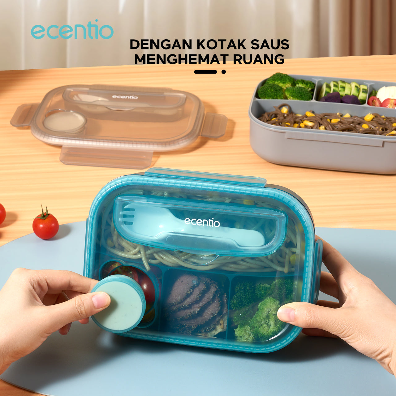 【Buy 1 Get 4】ecentio kotak bekal anti tumpah kotak tempat bekal 1200ml+500ml free sendok kotak saus BPA FREE