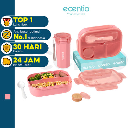 NEW ecentio kotak bekal anti tumpah kotak tempat bekal 1200ml+500ml free sendok kotak saus BPA FREE-Warna merah muda