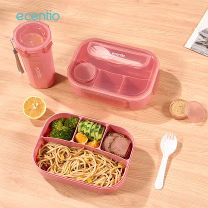 NEW ecentio kotak bekal anti tumpah kotak tempat bekal 1200ml+500ml free sendok kotak saus BPA FREE-Warna merah muda