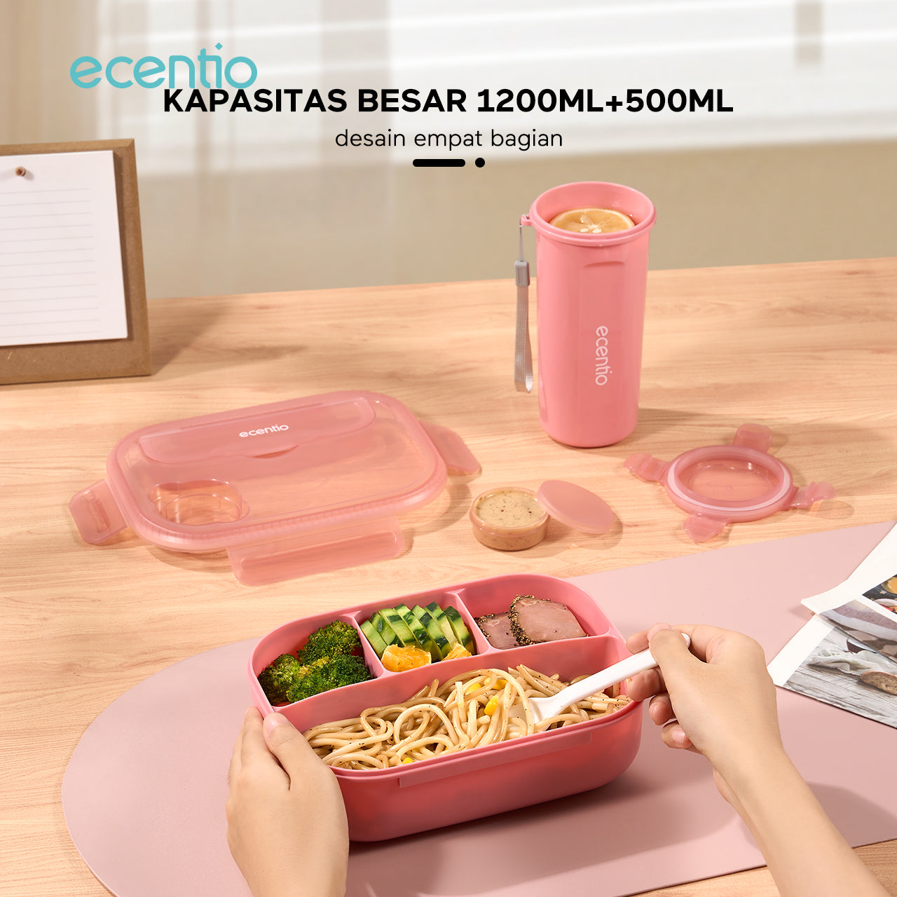 NEW ecentio kotak bekal anti tumpah kotak tempat bekal 1200ml+500ml free sendok kotak saus BPA FREE-Warna merah muda