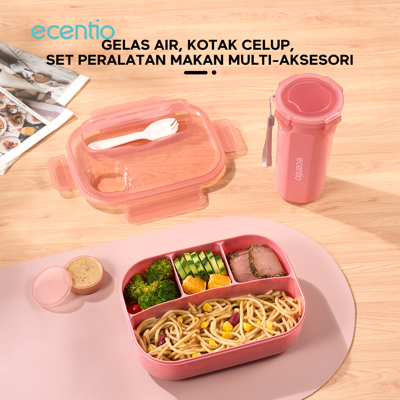 NEW ecentio kotak bekal anti tumpah kotak tempat bekal 1200ml+500ml free sendok kotak saus BPA FREE-Warna merah muda