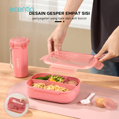 NEW ecentio kotak bekal anti tumpah kotak tempat bekal 1200ml+500ml free sendok kotak saus BPA FREE-Warna merah muda