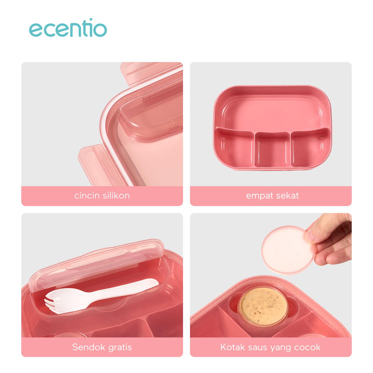 NEW ecentio kotak bekal anti tumpah kotak tempat bekal 1200ml+500ml free sendok kotak saus BPA FREE-Warna merah muda