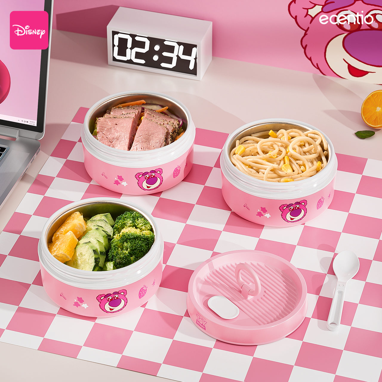 【🌟Pre-Order】ecentio 3-pcs Kotak Makan Stainless Steel Disney Strawberry Bear — Praktis, Imut &amp; Aman