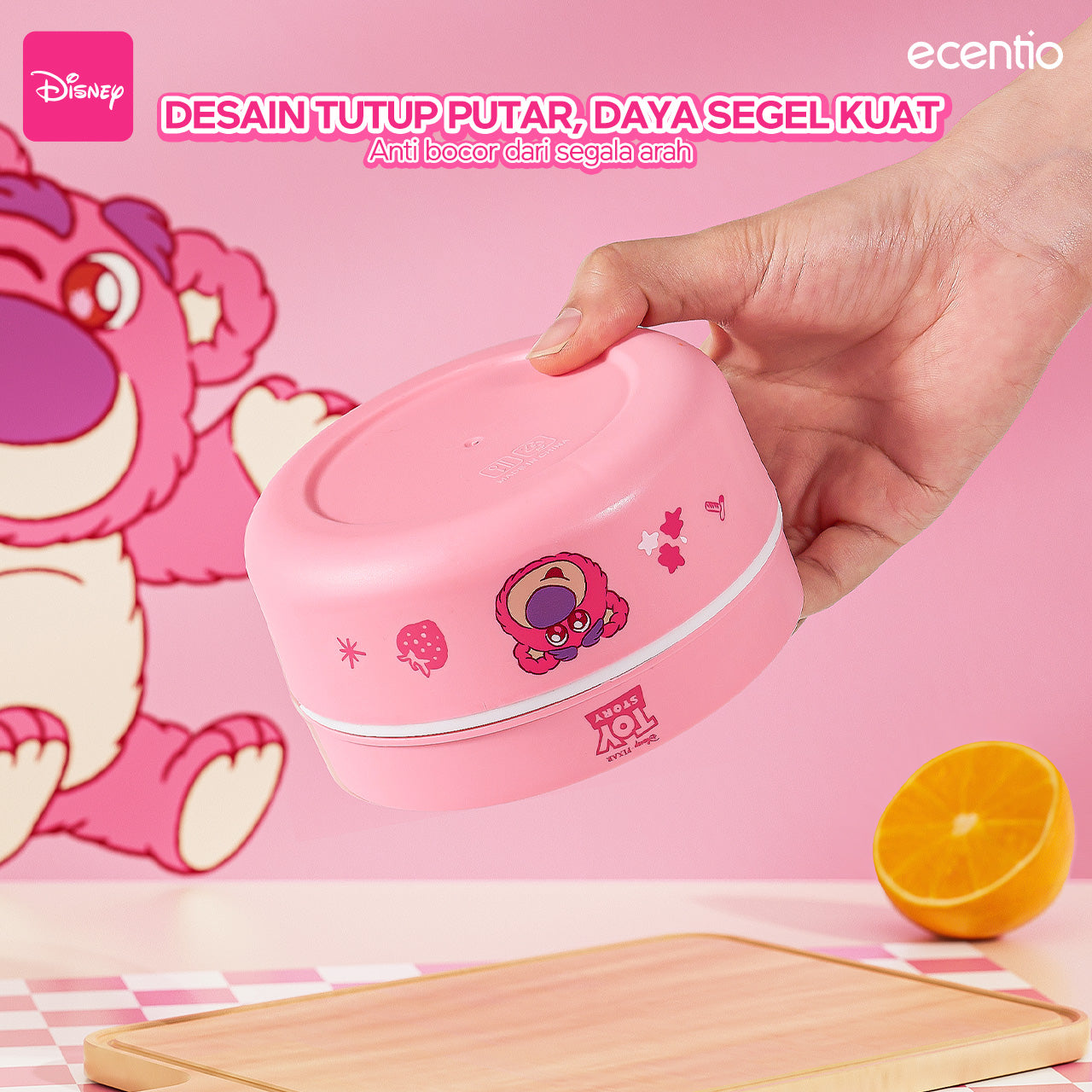 【🌟Pre-Order】ecentio 3-pcs Kotak Makan Stainless Steel Disney Strawberry Bear — Praktis, Imut &amp; Aman