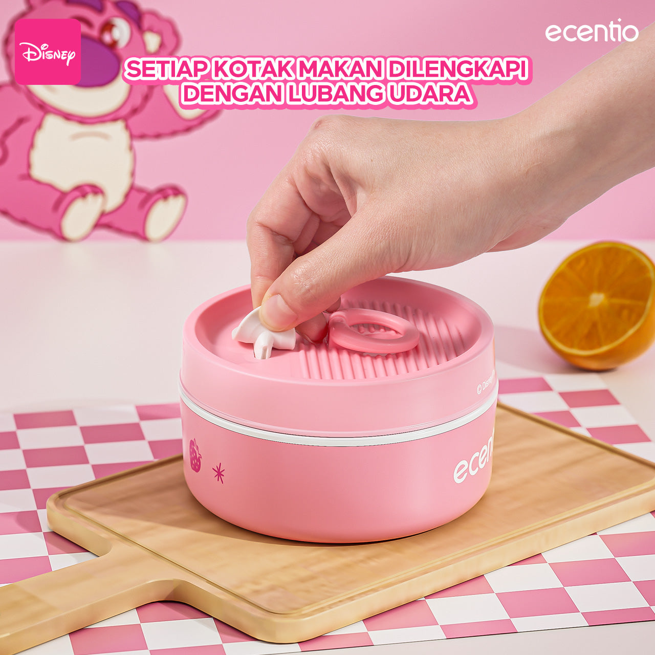【🌟Pre-Order】ecentio 3-pcs Kotak Makan Stainless Steel Disney Strawberry Bear — Praktis, Imut &amp; Aman