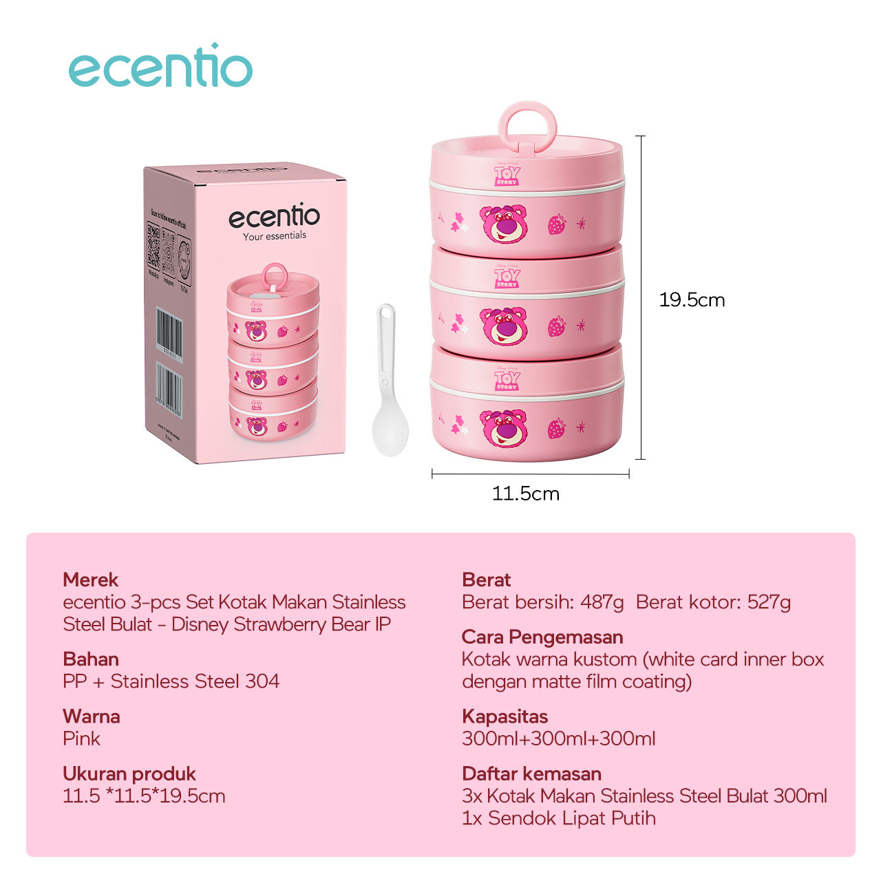 【🌟Pre-Order】ecentio 3-pcs Kotak Makan Stainless Steel Disney Strawberry Bear — Praktis, Imut &amp; Aman
