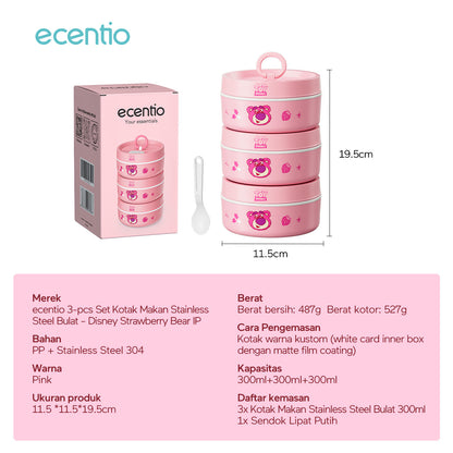【🌟Pre-Order】ecentio 3-pcs Kotak Makan Stainless Steel Disney Strawberry Bear — Praktis, Imut &amp; Aman