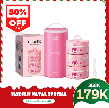 ecentio 3-pcs Kotak Makan Stainless Steel Disney Strawberry Bear — Praktis, Imut &amp; Aman