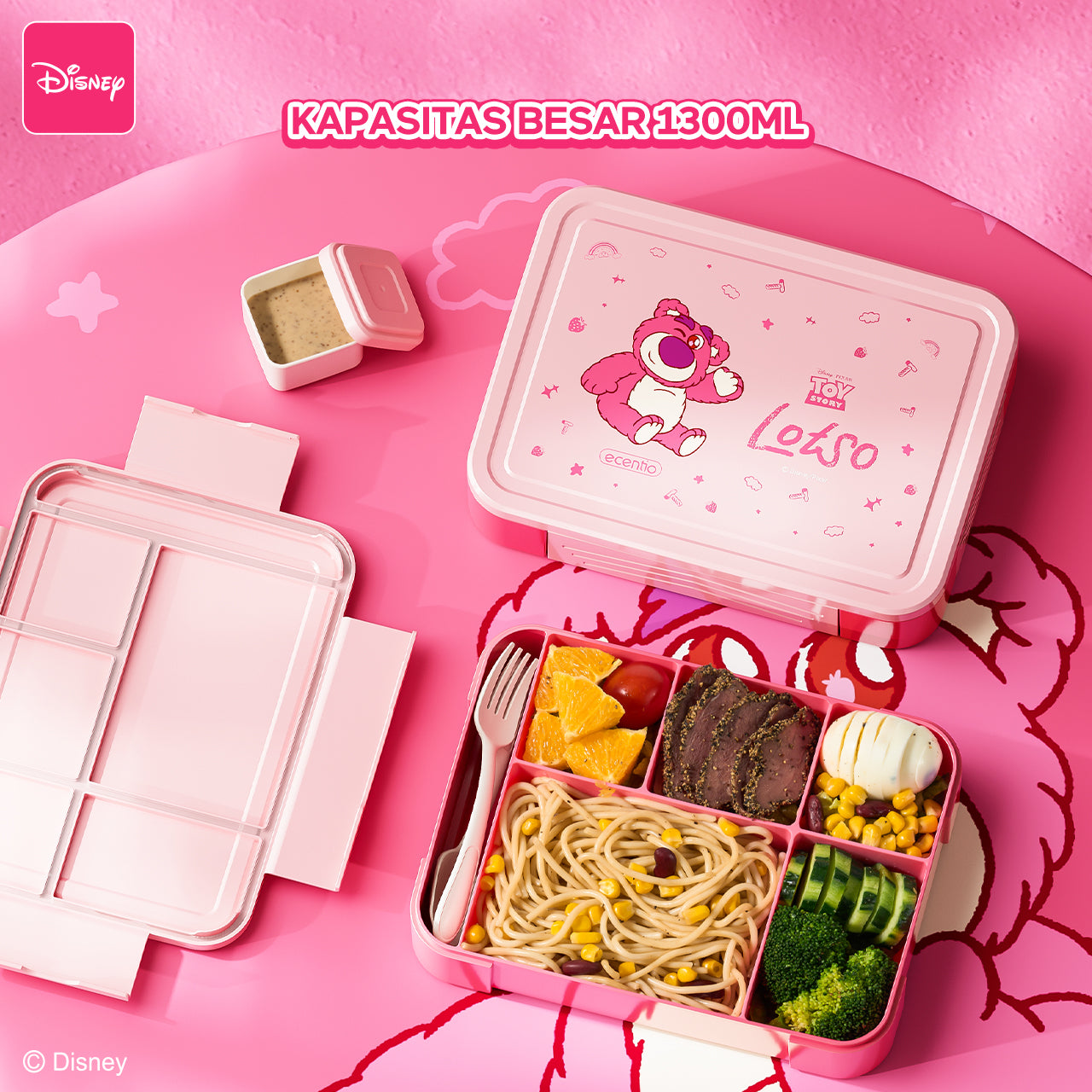 【🌟Pre-Order】ecentio Kotak Bekal Plastik Strawberry Bear Disney 1300ml