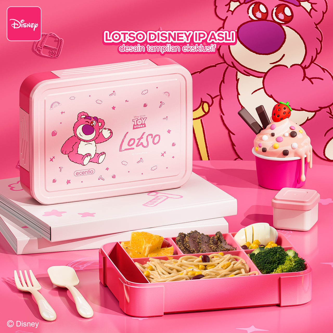 【🌟Pre-Order】ecentio Kotak Bekal Plastik Strawberry Bear Disney 1300ml