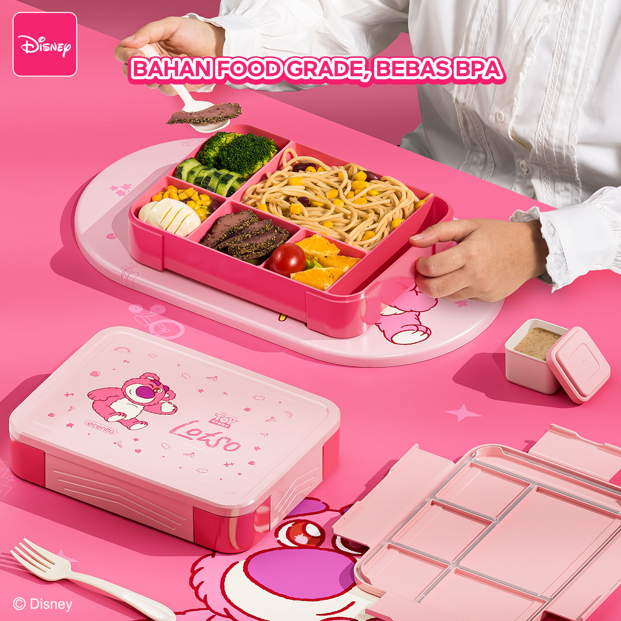 【🌟Pre-Order】ecentio Kotak Bekal Plastik Strawberry Bear Disney 1300ml