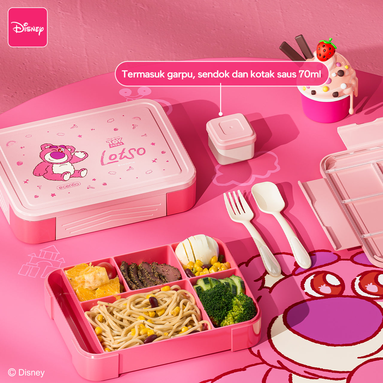 【🌟Pre-Order】ecentio Kotak Bekal Plastik Strawberry Bear Disney 1300ml