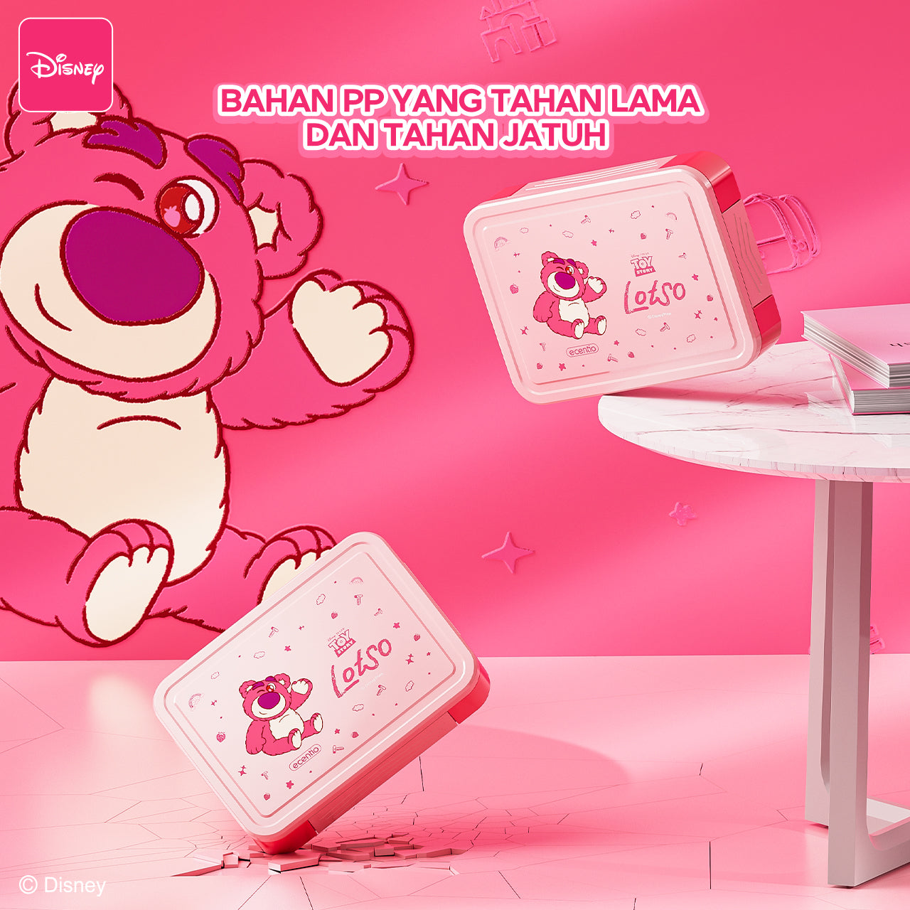 【🌟Pre-Order】ecentio Kotak Bekal Plastik Strawberry Bear Disney 1300ml