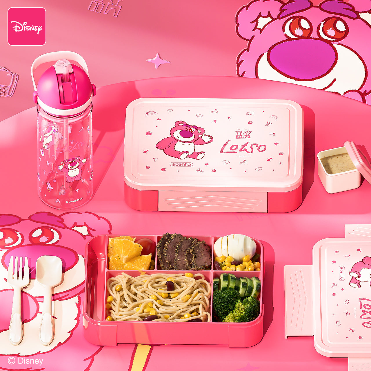 【🌟Pre-Order】ecentio Kotak Bekal Plastik Strawberry Bear Disney 1300ml