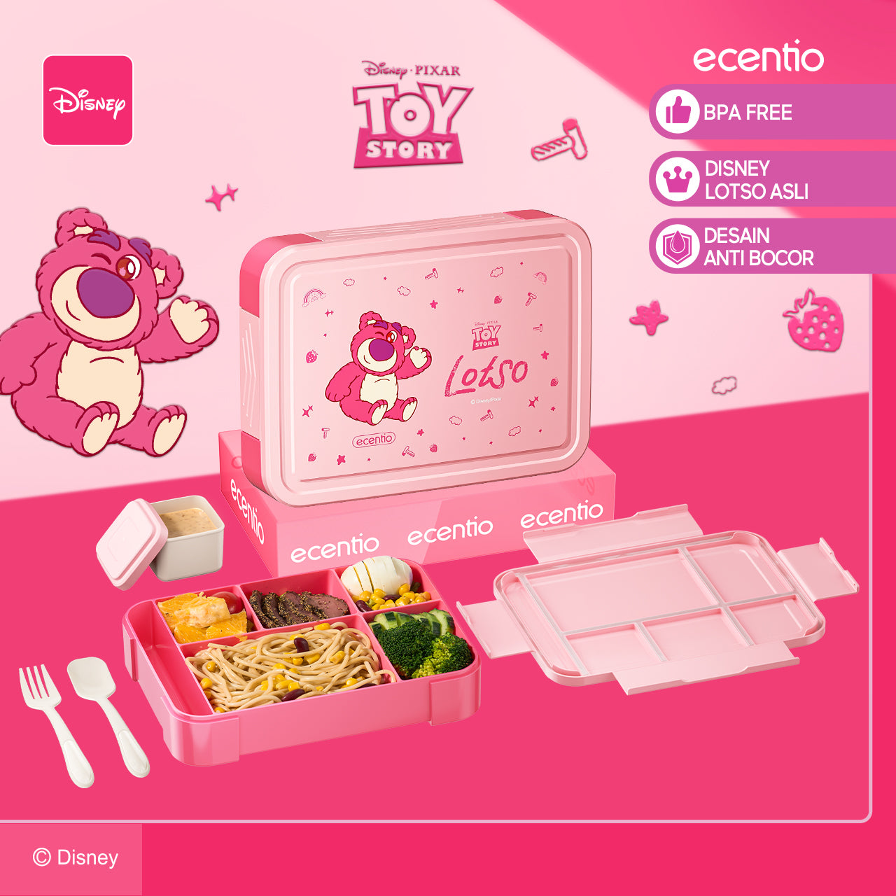 【🌟Pre-Order】ecentio Kotak Bekal Plastik Strawberry Bear Disney 1300ml