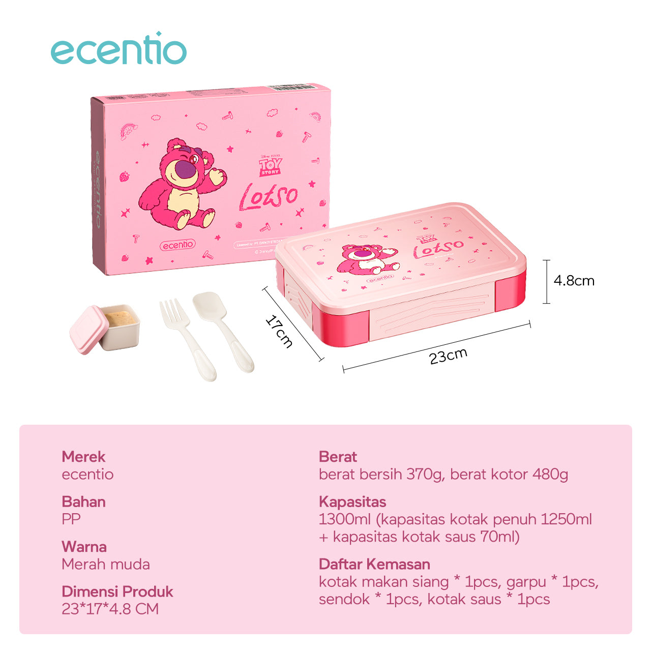 【🌟Pre-Order】ecentio Kotak Bekal Plastik Strawberry Bear Disney 1300ml