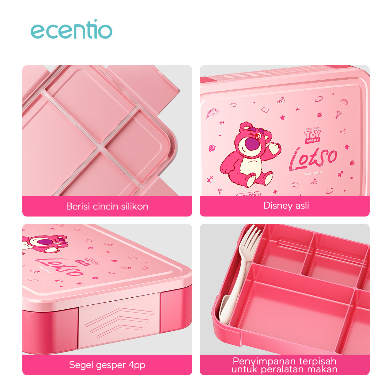 【🌟Pre-Order】ecentio Kotak Bekal Plastik Strawberry Bear Disney 1300ml