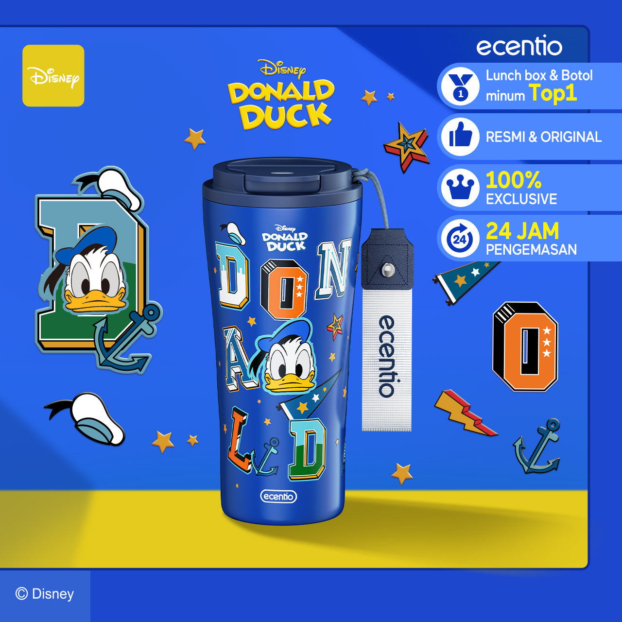 ecentio Tumbler Stainless 480ml Botol Minum Tahan Dingin Disney Donald Duck – Gelas Kopi Aesthetic