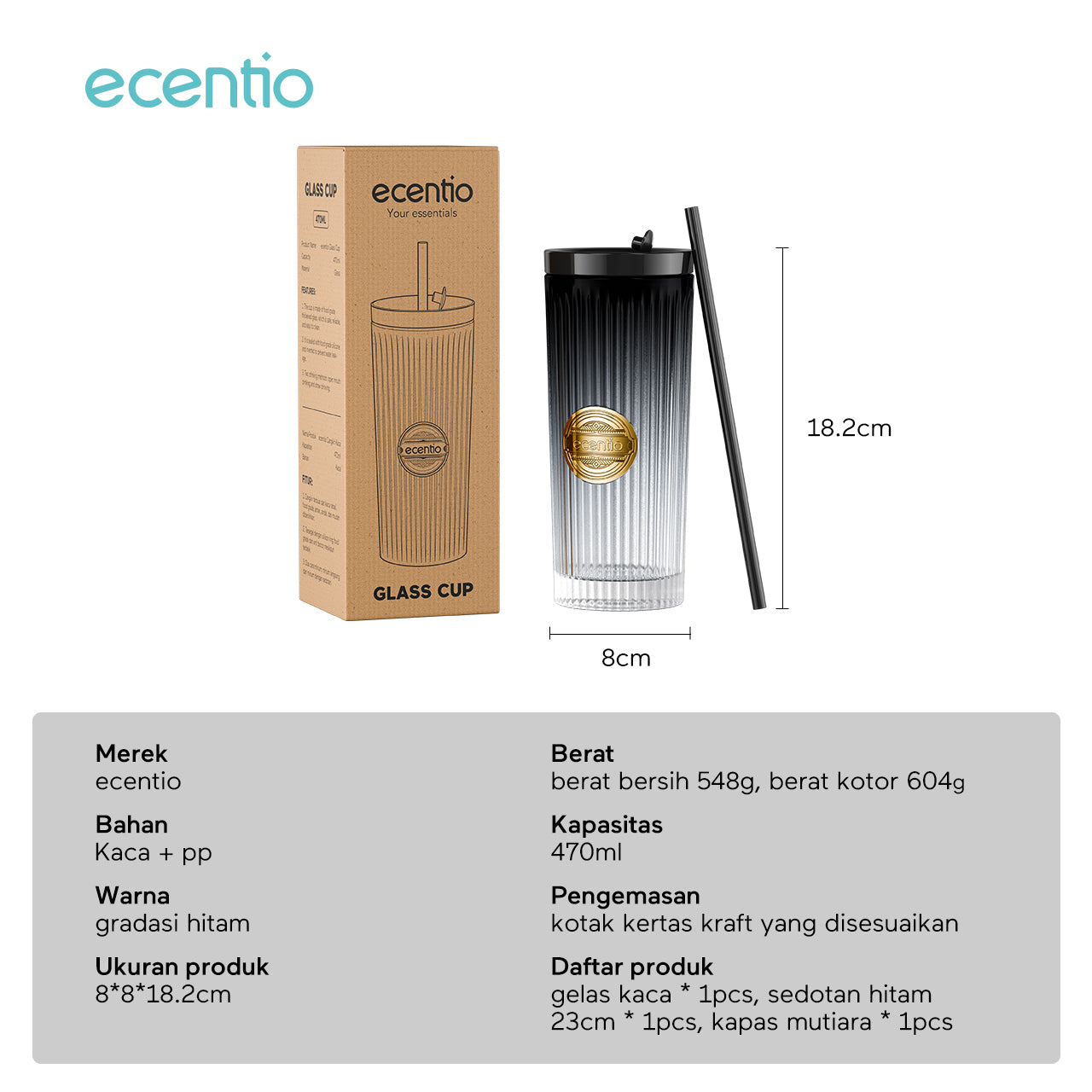 ecentio tumbler kaca sedotan 470ml botol minum aesthetic korea gelas kaca