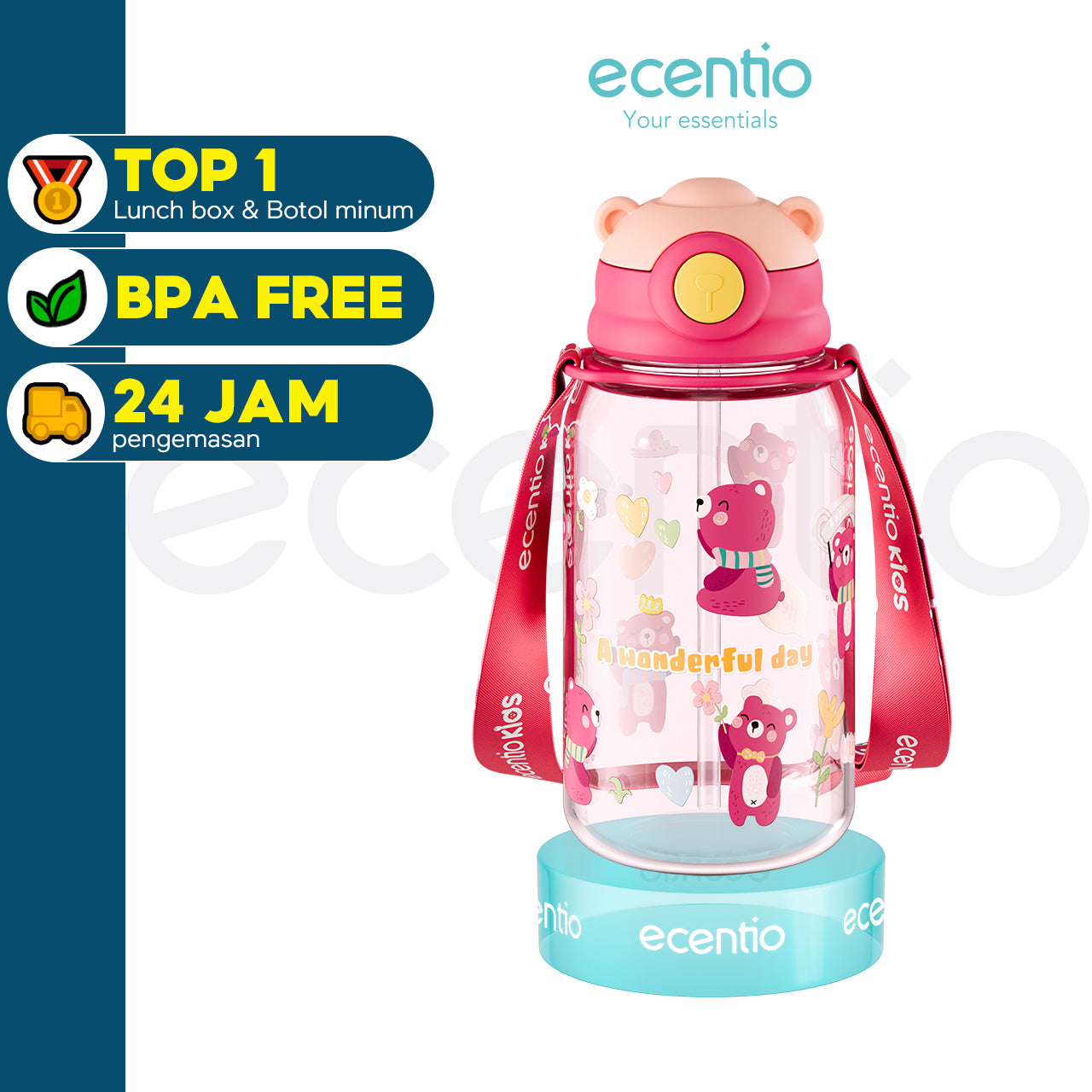 ecentio Botol sedotan minum anak beruang lucu 650ml