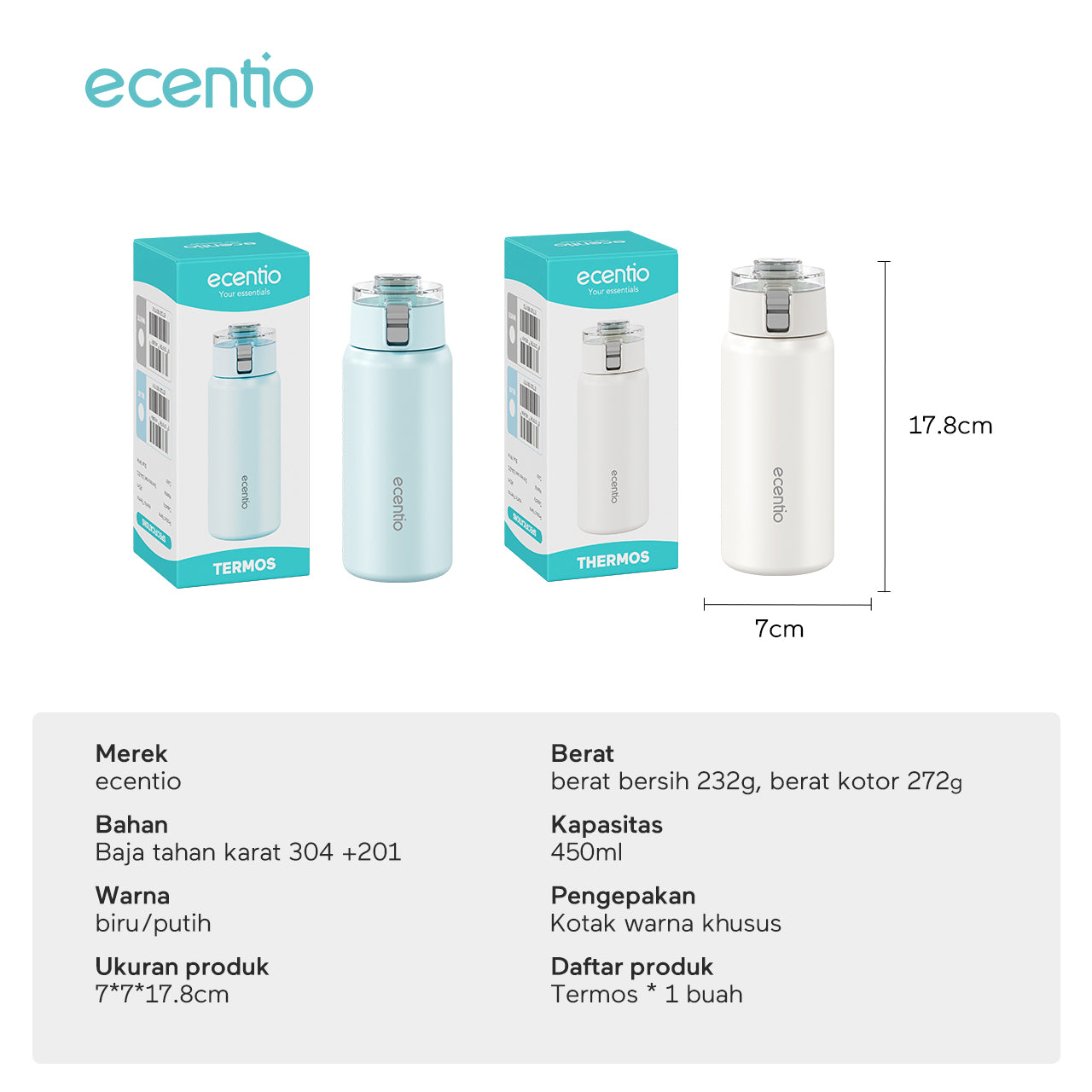 ecentio tumbler minum stainless 450ml portable termos premium botol aesthetic korea tahan panas dingin