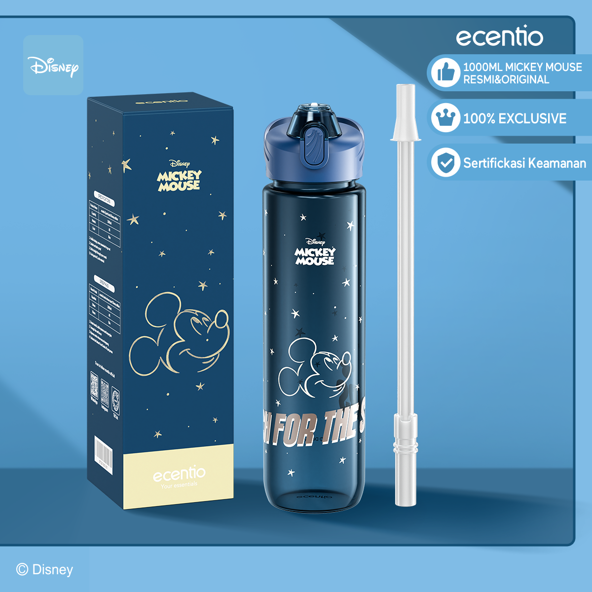 【Dengan sedotan】ecentio Botol air portabel Disney Mickey 1000 ml dengan sedotan 1 liter