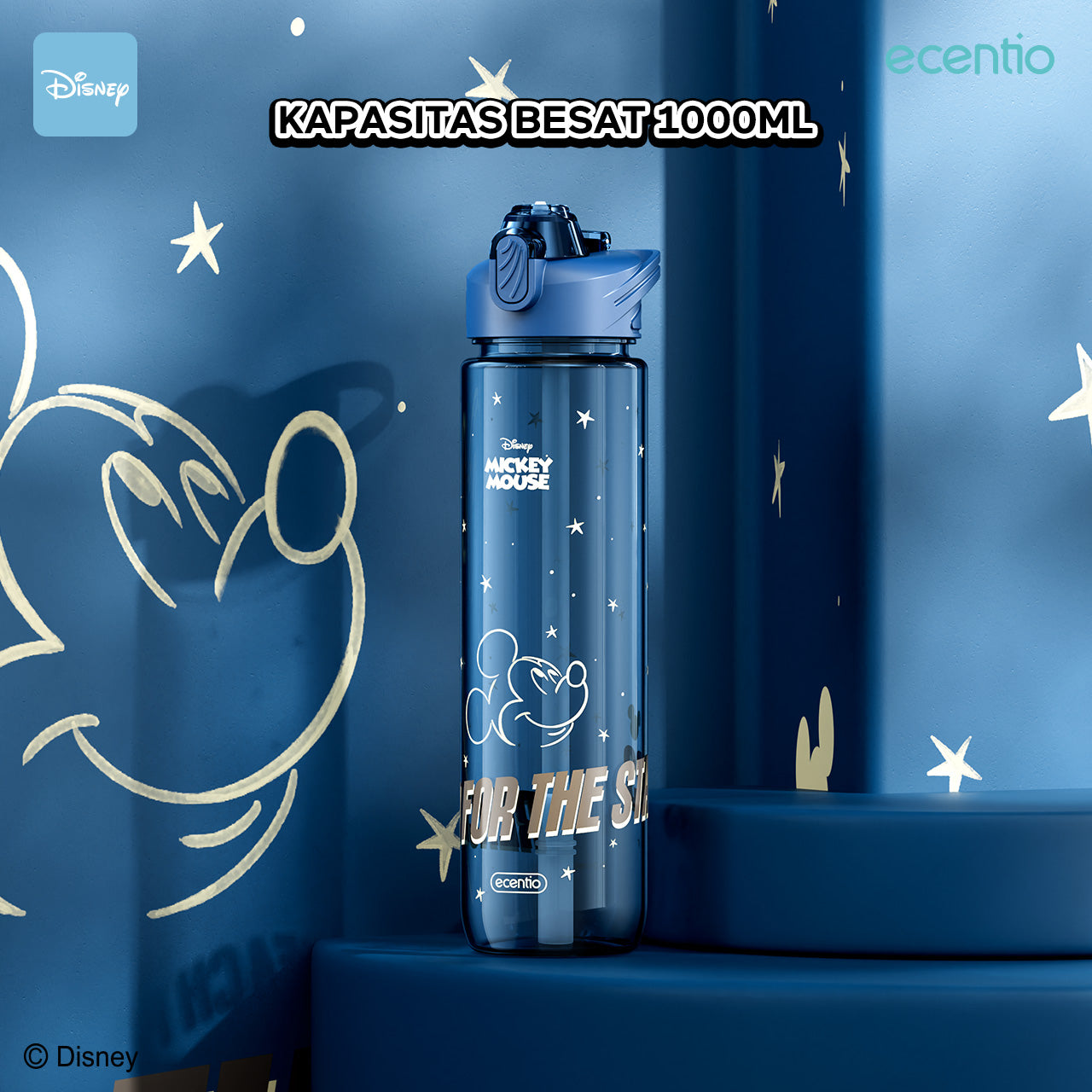 【Dengan sedotan】ecentio Botol air portabel Disney Mickey 1000 ml dengan sedotan 1 liter