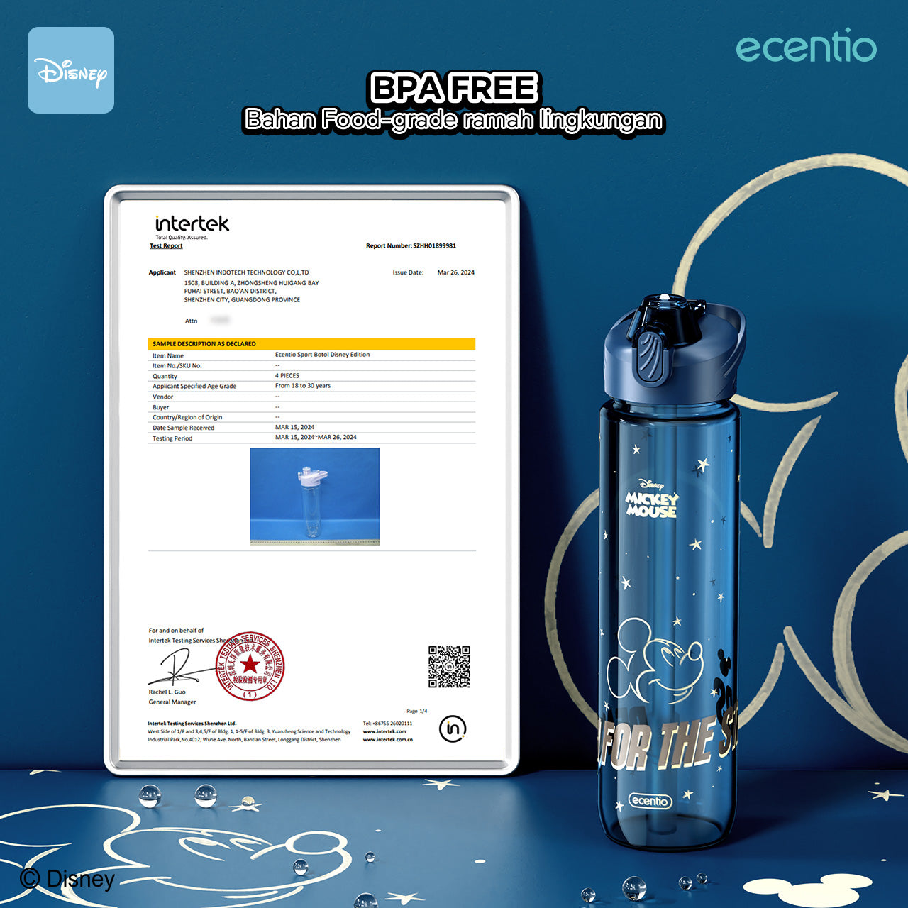 【Dengan sedotan】ecentio Botol air portabel Disney Mickey 1000 ml dengan sedotan 1 liter