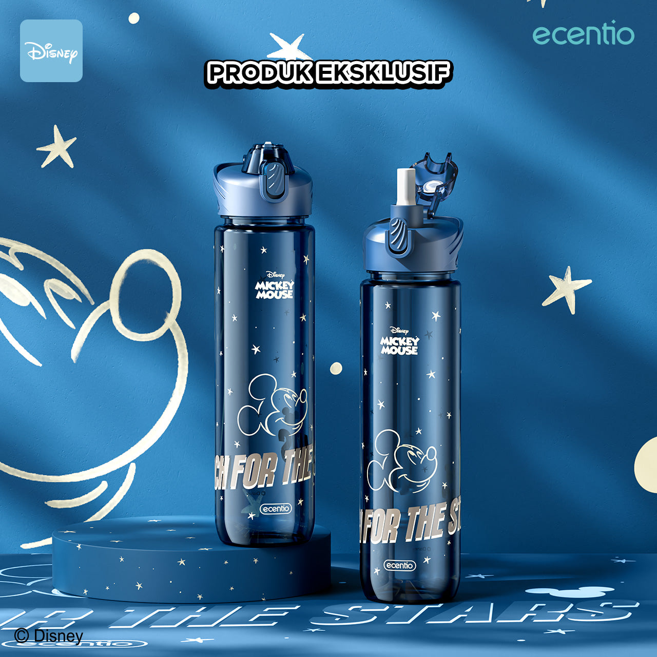 【Dengan sedotan】ecentio Botol air portabel Disney Mickey 1000 ml dengan sedotan 1 liter