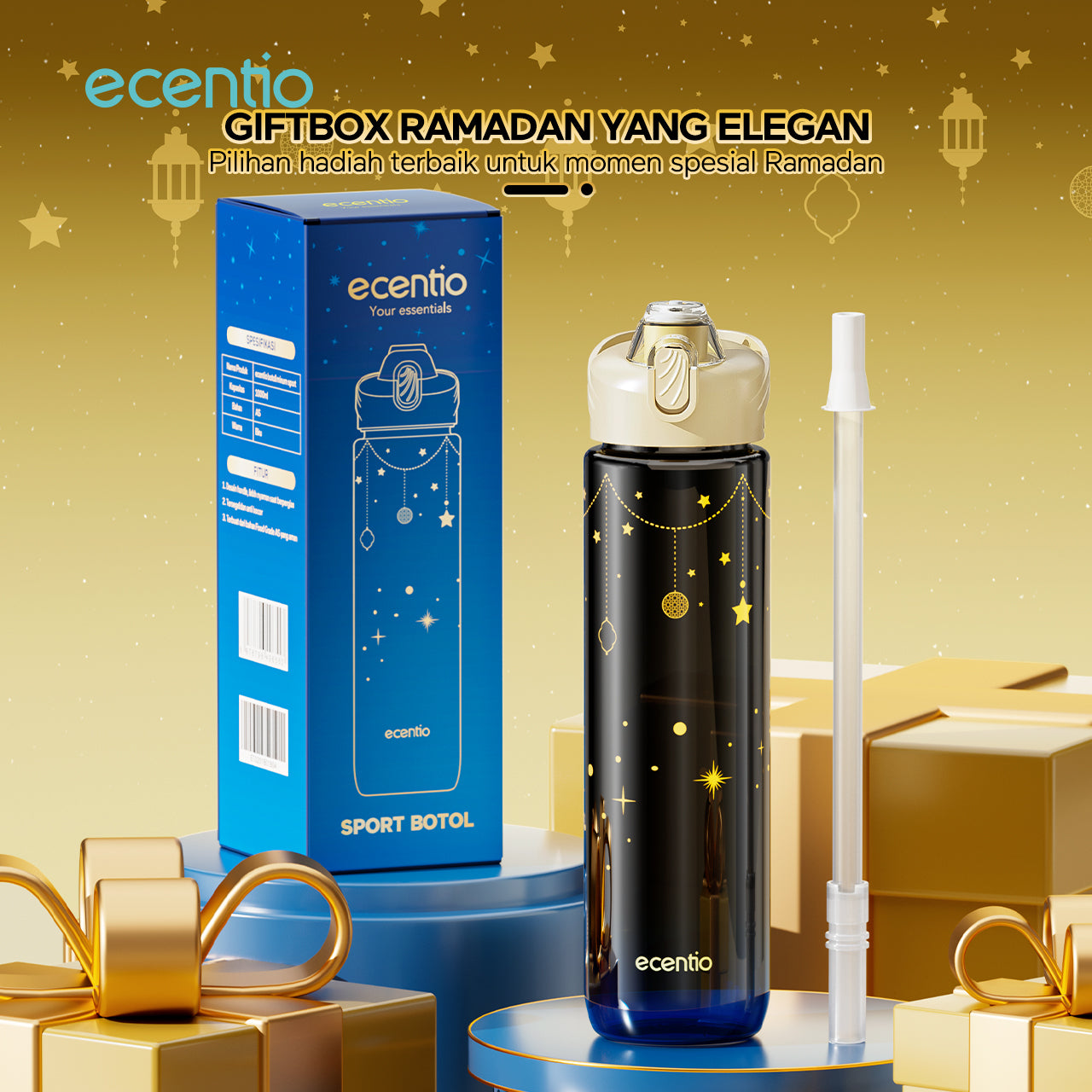 【Ramadan Exclusive】ecentio Botol Minum 1000ml Portable untuk Anak & Olahraga