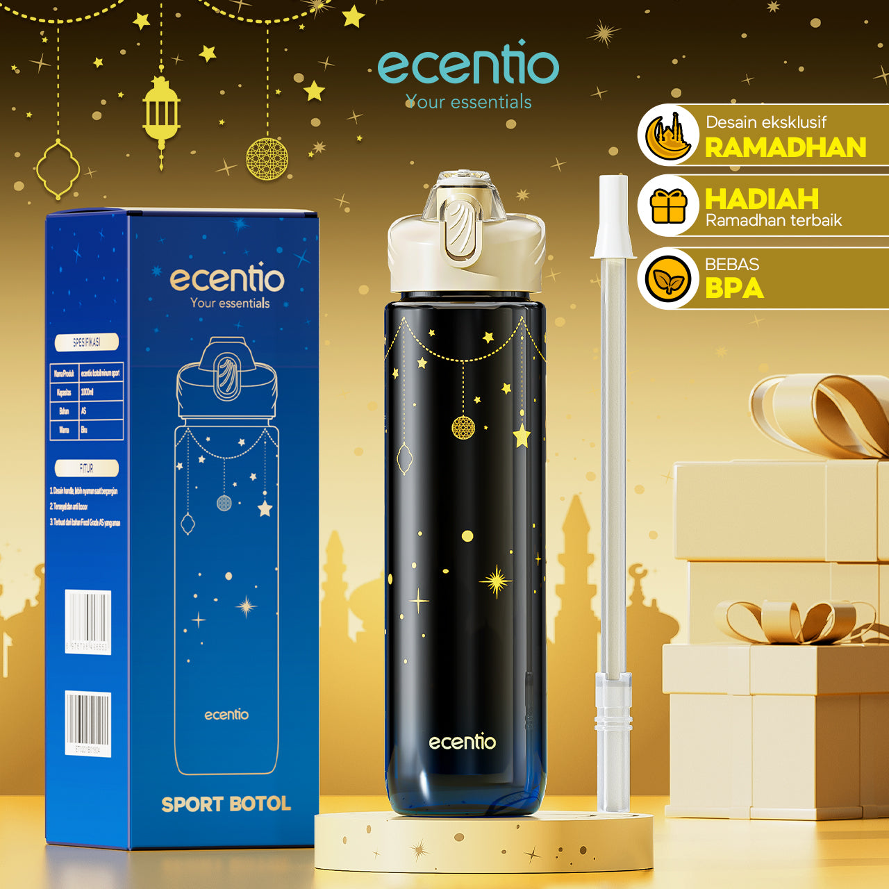 【🌟Pre-Order】【Ramadan Exclusive】ecentio Botol Minum 1000ml Portable untuk Anak & Olahraga