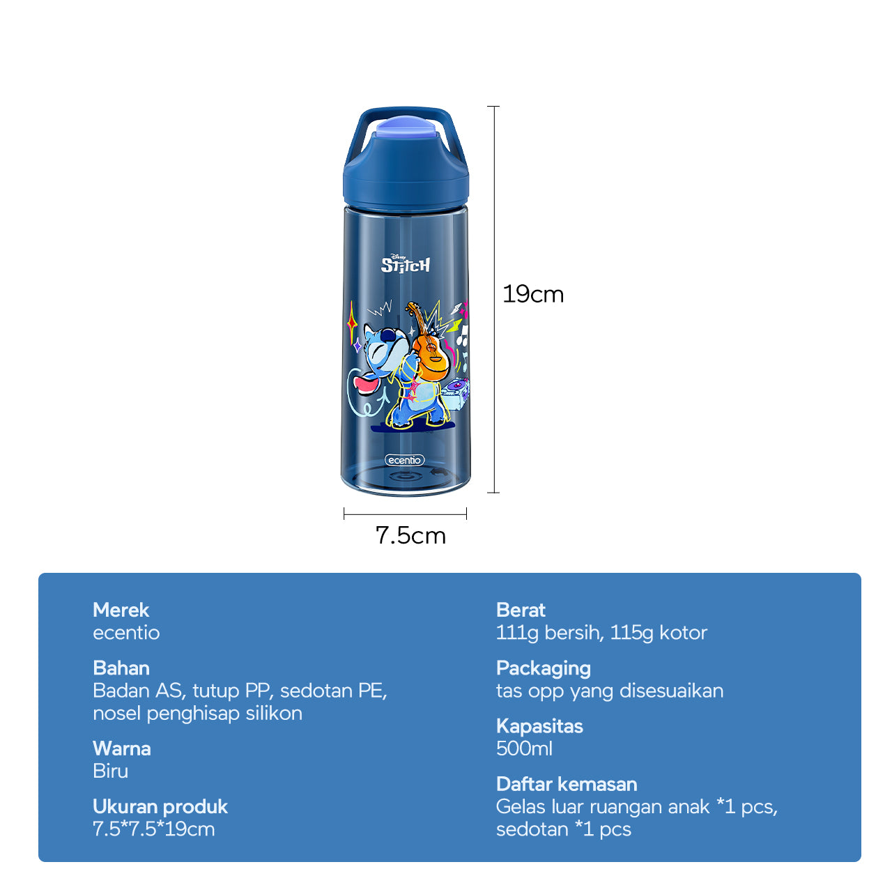 ecentio botol minum anak 500ml Disney Stitch lucu aesthetic perempuan botol air sekolah BPA free