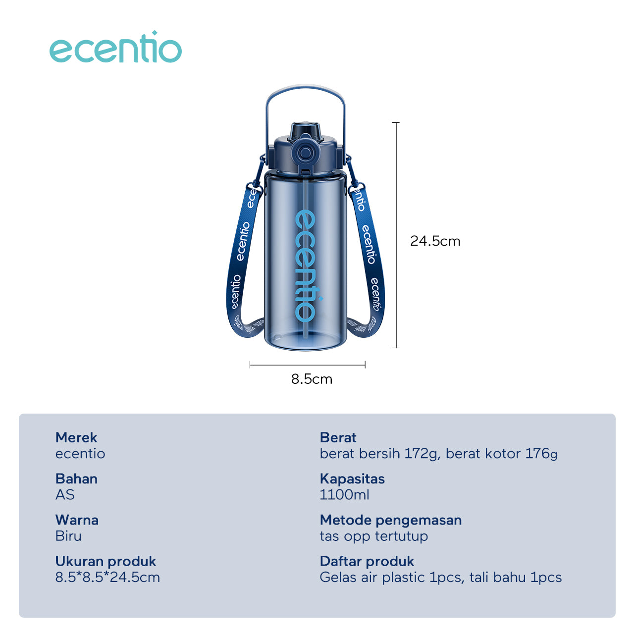 ecentio botol minum 1 liter anti tumpah water bottle Bpa free dengan portable tail