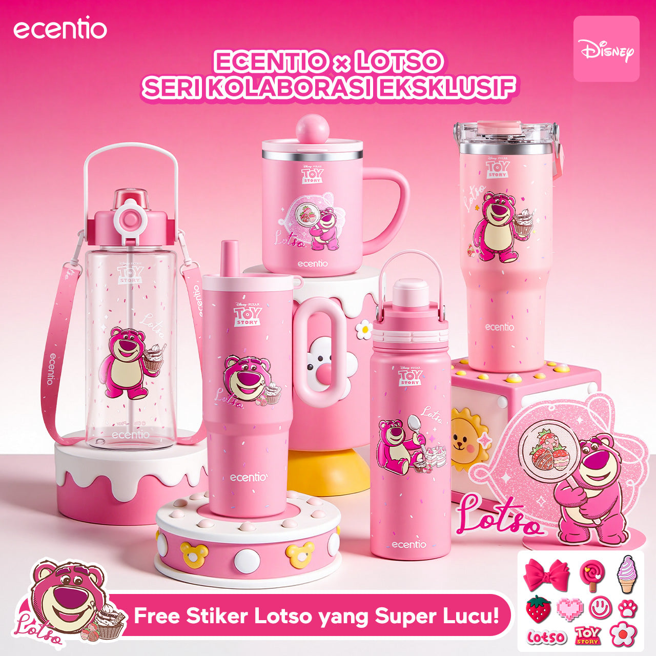 [kyanvara Exclusiv] ecentio Tumbler Lotso Series Kolaborasi Eksklusif Free Stiker Lucu Design Cute Modern Tahan Panas Dingin Stainless Steel SUS304 SUS316 Botol Minum Harian Serbaguna 500ml 600ml 750ml 900ml 1100ml Cocok Untuk Hadiah Ulang Tahun & Koleksi
