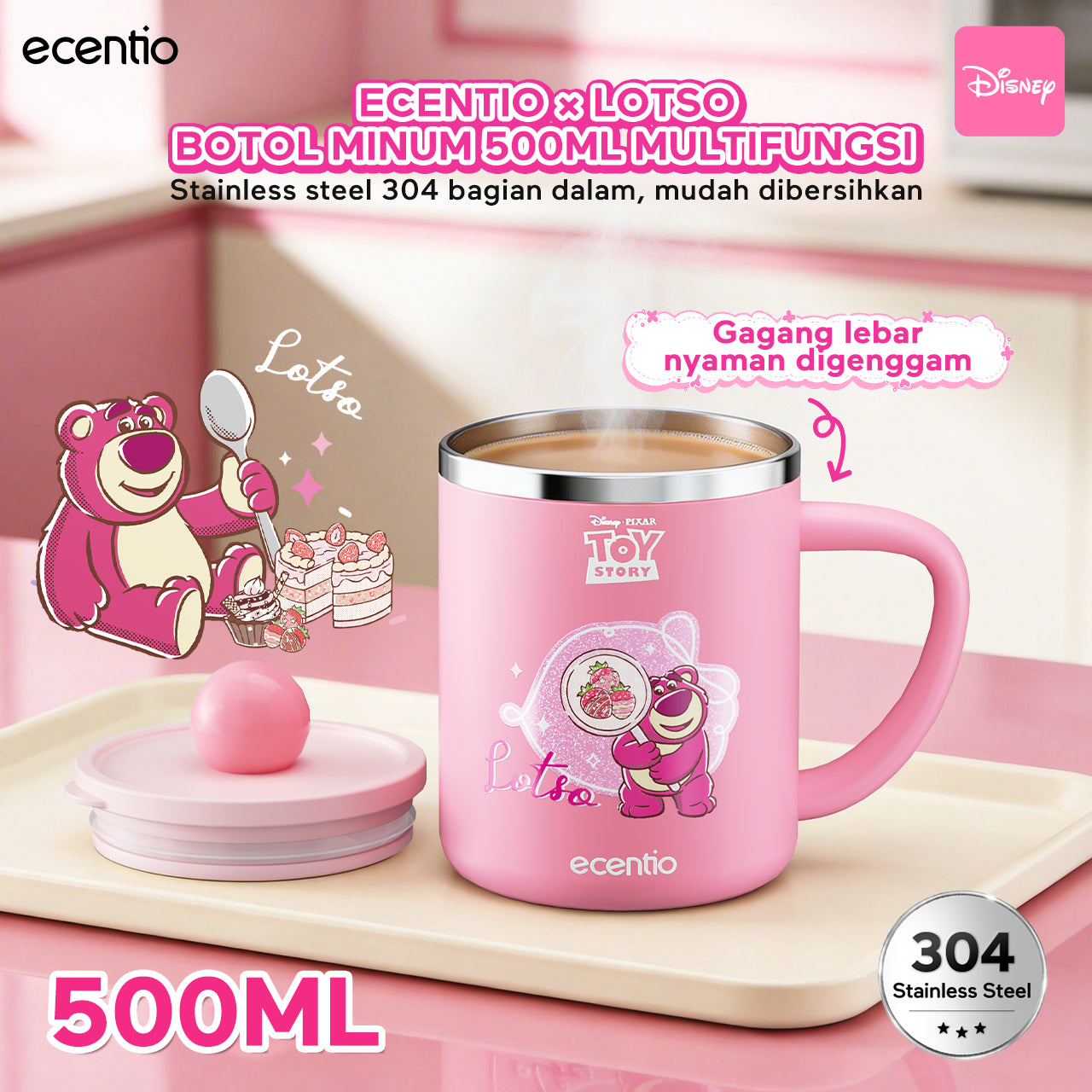 [kyanvara Exclusiv] ecentio Tumbler Lotso Series Kolaborasi Eksklusif Free Stiker Lucu Design Cute Modern Tahan Panas Dingin Stainless Steel SUS304 SUS316 Botol Minum Harian Serbaguna 500ml 600ml 750ml 900ml 1100ml Cocok Untuk Hadiah Ulang Tahun & Koleksi